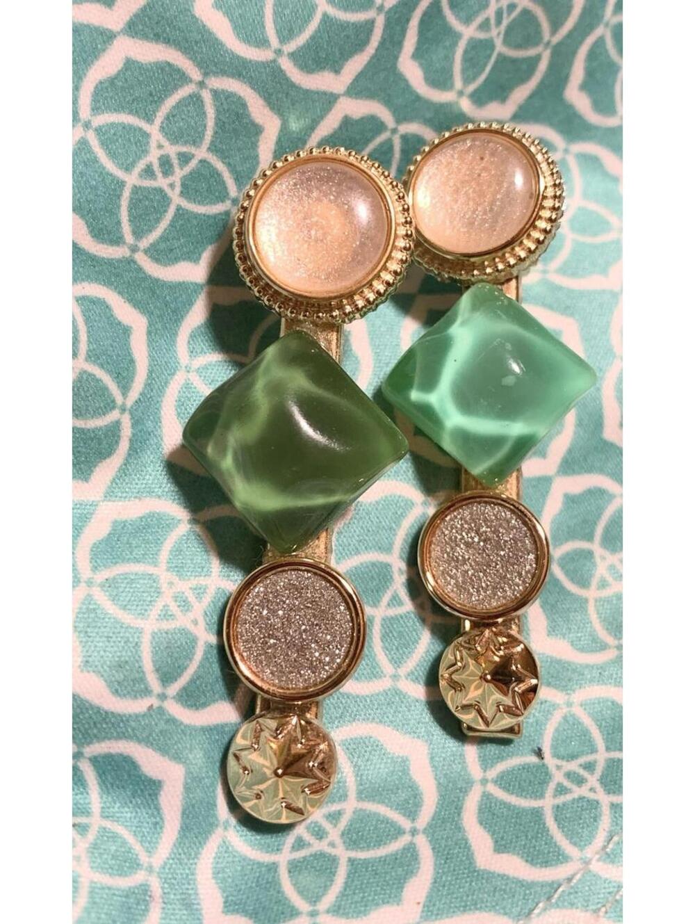 Vintage 80s Mint Water Effect Lucite Barrette Hair Clips Pair Set 2 Glittery